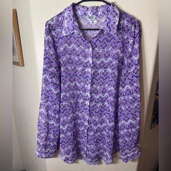 Princess Polly Tops - Princess Polly Purple Retro Floral Button Up Sheer Long Sleeve Blouse US 12